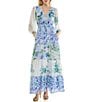 Moda Tara Long Sleeve V-Neck Floral Tiered Crepe Chiffon Maxi Dress, Color:Blue Multi - Image 1
