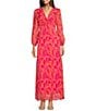 Moda Tara Long Sleeve V-Neck Tropical Print Twist Tie A-Line Maxi Dress, Color:Watermelon - Image 1