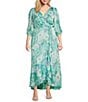 Moda Tara Plus Size 3/4 Sleeve Faux Wrap Shadow Stripe Chiffon Floral Dress, Color:Aqua Seafoam - Image 1