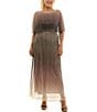 Moda Tara Plus Size Ombre Print Crinkle Lurex Mesh Short Capelet Sleeve Gown, Color:Gold Black - Image 1