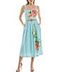 Moda Tara Raffia Belt Floral Square Neckline Midi Sleeveless A-Line Dress, Color:Powder Blue - Image 1