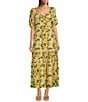 Moda Tara Short Sleeve V-Neck Floral Printed Tiered A-Line Maxi Dress, Color:Sunflower - Image 1