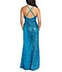 Color:Teal - Image 2 - All Over Sequin Soft Drape Spaghetti Strap Cowl Neck X Back Side Slit Long Dress