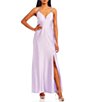 Color:Lavender - Image 2 - Double Spaghetti Strap V-Neck Slim Lace-Up Back Power Sateen Slit Long Dress