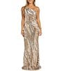 Color:Gold/Silver - Image 1 - One Shoulder Swirl Sequin Patterned Long Dress