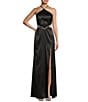 Color:Black - Image 1 - Satin Rhinestone Trim Halter Neck Side Cut-Out Long Dress