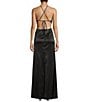 Color:Black - Image 2 - Satin Rhinestone Trim Halter Neck Side Cut-Out Long Dress