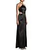Color:Black - Image 3 - Satin Rhinestone Trim Halter Neck Side Cut-Out Long Dress