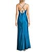 Morgan & Co. Sleeveless Long Spaghetti Strap Charmeuse Draped Front And X Back Long Dress, Color:Teal - Image 2