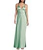 Morgan & Co. Sleeveless Spaghetti Strap Satin Rhinestone Trim Dress, Color:Sage - Image 1