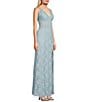 Color:Aqua - Image 3 - Sleeveless Spaghetti Strap Scalloped V-Neck Illusion Corset-Bodice Slit Hem Long Glitter Lace Dress