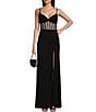 Color:Black - Image 1 - Sweetheart Rhinestone Trim Mesh Corset Bodice Ruched Side Slit Long Dress