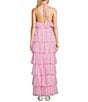 Color:Pink - Image 2 - Tulle Halter Neck Ruffle Tiered Long Dress