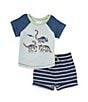 Color:Blue - Image 1 - Baby Boys 12-24 Months Raglan-Sleeve Dinosaur-Appliqued Color Block T-Shirt & Striped Short Set