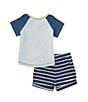 Color:Blue - Image 2 - Baby Boys 12-24 Months Raglan-Sleeve Dinosaur-Appliqued Color Block T-Shirt & Striped Short Set