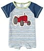 Color:Blue - Image 1 - Baby Boys 3-18 Months Raglan-Sleeve Striped/Solid Tractor-Appliqued Shortall
