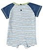 Color:Blue - Image 2 - Baby Boys 3-18 Months Raglan-Sleeve Striped/Solid Tractor-Appliqued Shortall
