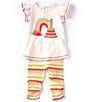 Color:Pink Multi - Image 1 - Baby Girls 12-18 Months Flutter-Sleeve 1st Birthday Applique Tunic & Striped Ruched Hem Leggings Set