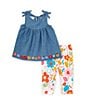 Color:Multi - Image 1 - Baby Girls 12-18 Months Sleeveless Floral-Embroidered-Border Hem Denim Tunic & Floral-Printed Capri Leggings Set