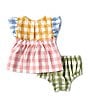 Color:Multi - Image 2 - Baby Girls 3-12 Months Flutter-Sleeve Gingham-Checked Pinafore Top & Bloomer and Headband Set