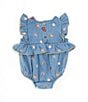 Color:Denim Multi - Image 2 - Baby Girls 3-12 Months Flutter Sleeve Rainbow Flower Embroidered Bubble Romper