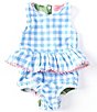 Color:Blue/Pink - Image 2 - Baby Girls 3-18 Months Hydrangea/Gingham Reversible Two-Piece Swimsuit & Headband Set