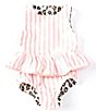 Color:Brown Leopard/Pink Stripe - Image 2 - Baby Girls 3-18 Months Leopard to Stripe Reversible Two-Piece Peplum Swimsuit & Bow Headband Set