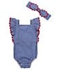 Mud Pie Baby Girls Gingham Sleeveless Ruffle Ric-Rac Trimmed Sun Bubble Romper - Image 1