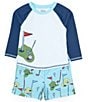Color:Blue - Image 1 - Baby/Little Boys 6 Months-5T Raglan Sleeve Golf Theme Seersucker Rashguard T-Shirt & Golf-Theme Printed Swim Truncks Set