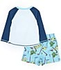 Color:Blue - Image 2 - Baby/Little Boys 6 Months-5T Raglan Sleeve Golf Theme Seersucker Rashguard T-Shirt & Golf-Theme Printed Swim Truncks Set