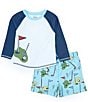 Color:Blue - Image 3 - Baby/Little Boys 6 Months-5T Raglan Sleeve Golf Theme Seersucker Rashguard T-Shirt & Golf-Theme Printed Swim Trunks Set