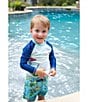 Color:Blue - Image 4 - Baby/Little Boys 6 Months-5T Raglan Sleeve Golf Theme Seersucker Rashguard T-Shirt & Golf-Theme Printed Swim Truncks Set