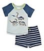 Color:Blue - Image 1 - Little Boys 2T-5 Raglan-Sleeve Dinosaur-Appliqued Color Block T-Shirt & Striped Short Set