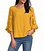 Multiple Slub Crinkle Woven Scoop Neck 3/4 Ruffle Sleeve - Image 1