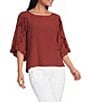 Multiple Slub Crinkle Woven Scoop Neck 3/4 Ruffle Sleeve Top - Image 1