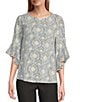 Multiples Slub Knit Georgette Block Multi Scoop Neck 3/4 Flounce Sleeve Fitted Top, Color:Block Multi - Image 1