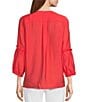 Color:Coral - Image 2 - Band Solid Crinkle Woven Y-Neck Smocked Detail 3/4 Sleeve Blouse