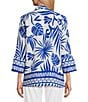 Multiples Bark Cloth Border Print Wire Collar 3/4 Sleeve Fitted Button Front Top, Color:Bright Royal - Image 2