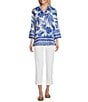 Multiples Bark Cloth Border Print Wire Collar 3/4 Sleeve Fitted Button Front Top, Color:Bright Royal - Image 3