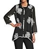 Multiples Crinkle Sheer All-Over Embroidery Point Collar 3/4 Sleeve Button Front Shirt, Color:Black - Image 1