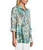 Multiples Crinkle Woven Printed Point Collar 3/4 Cinched Roll Tab Cuff Sleeve Button Front Shirt, Color:Multi - Image 3