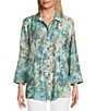 Multiples Crinkle Woven Printed Point Collar 3/4 Cinched Roll Tab Cuff Sleeve Button Front Shirt, Color:Multi - Image 5