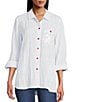 Multiples Crinkle Woven Stars And Stripe Printed Point Collar Long Roll-Tab Sleeve Hi-Low Hem Button Front Shirt, Color:Rich Navy - Image 1