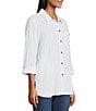 Multiples Crinkle Woven Stars And Stripe Printed Point Collar Long Roll-Tab Sleeve Hi-Low Hem Button Front Shirt, Color:Rich Navy - Image 3