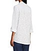 Multiples Crinkle Woven Stars And Stripe Printed Point Collar Long Roll-Tab Sleeve Hi-Low Hem Button Front Shirt, Color:Rich Navy - Image 4