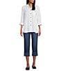 Multiples Crinkle Woven Stars And Stripe Printed Point Collar Long Roll-Tab Sleeve Hi-Low Hem Button Front Shirt, Color:Rich Navy - Image 5