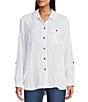 Multiples Crinkle Woven Stars And Stripe Printed Point Collar Long Roll-Tab Sleeve Hi-Low Hem Button Front Shirt, Color:Rich Navy - Image 6