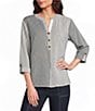 Multiples Crinkle Woven Stripe Y-Neck 3/4 Sleeve Button Front Top - Image 1