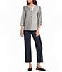 Multiples Crinkle Woven Stripe Y-Neck 3/4 Sleeve Button Front Top - Image 3