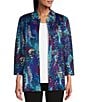 Color:Multi - Image 1 - Double Printed Quilted Jacquard Knit Banded Collar 3/4 Sleeve Button Front Jacket